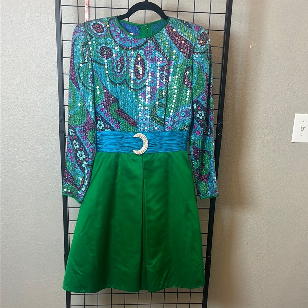 Liancarlo Green Satin Dress with Sequin Paisley Bodice